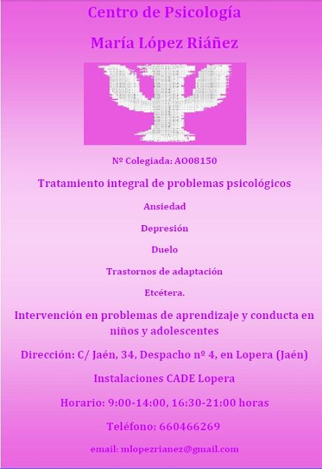 Nueva apertura de un Centro de Psicología en Lopera ubicado en el CADE (Calle Jaén, 34, Despacho 4) bajo la dirección de la loperana María López Ríañez