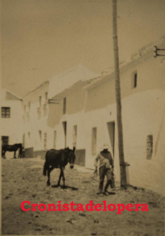 Paseo vespertino por la calle San Roque en 1969 de la mano del loperano Jerónimo Cobo Santiago con su mulo "Pequeño" de reata.