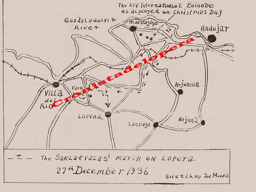 Plano del brigadista irlandés Joe Monks sobre la XIV Brigada Internacional en la Batalla de Lopera. 27-XII-1936
