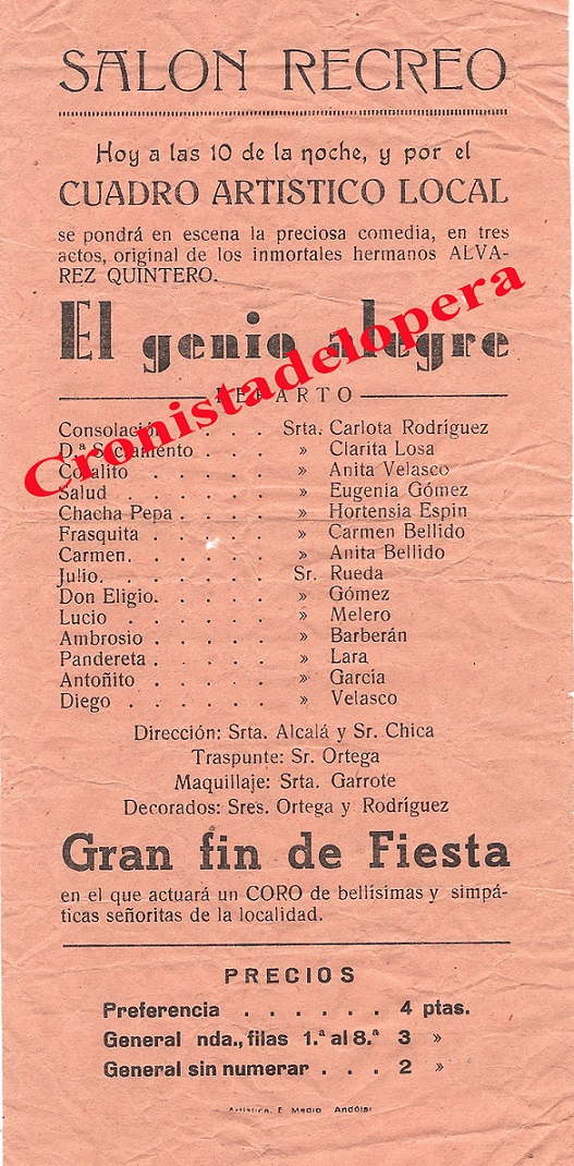 Propaganda de la representación de la obra de teatro El Genio Alegre a cargo del Cuadro Artístico de Lopera un 20 de Diciembre de 1949 en el Cine Salón Recreo de Juan Antonio Rueda.