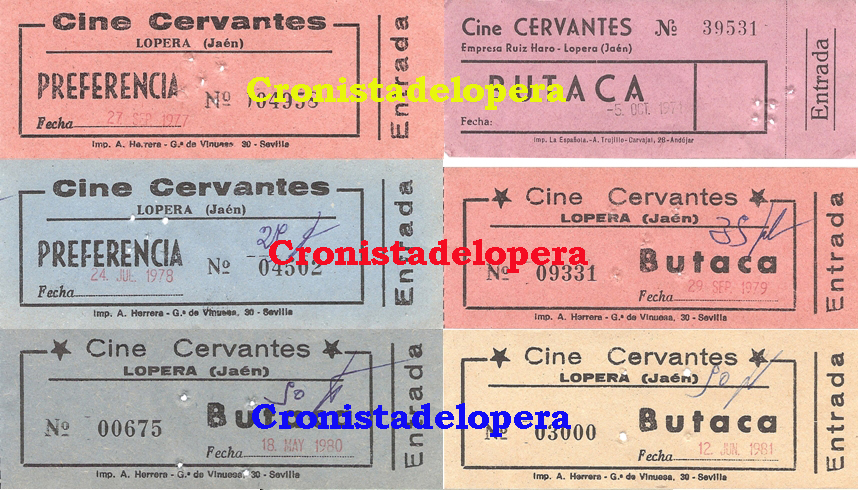 Un recuerdo a las entradas del Cine Cervantes de la Empresa Manuel Ruiz de Lopera de los años 70 y 80 del pasado siglo XX. La entrada valía de las 20 en 1977 a las 50 en 1981 de las antiguas pesetas. Las mismas nos han sido remitidas por el loperano José de la Torre.