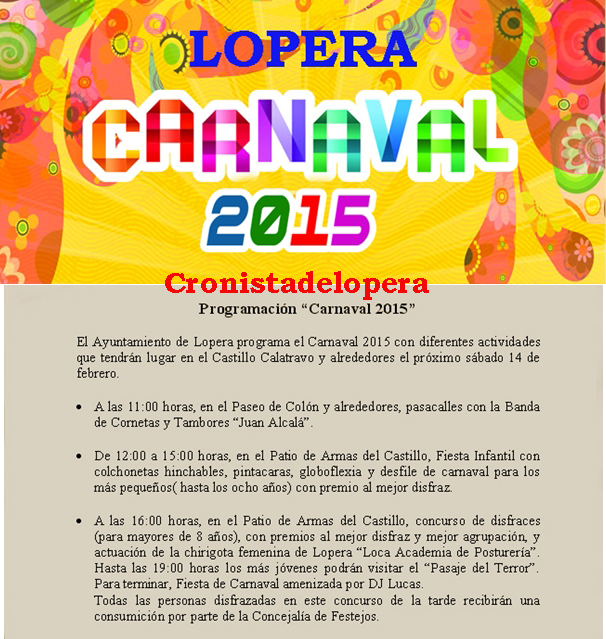 Actos a celebrar el 14 de Febrero con motivo del Carnaval 2015 en Lopera.