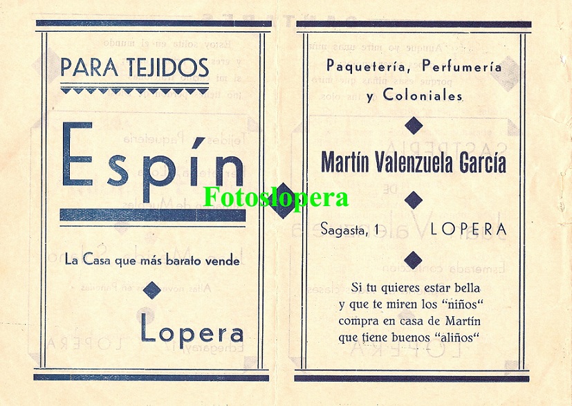 Anuncios publicitarios de comercios de Lopera en el año 1934.