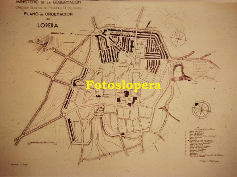 Plano de Ordenación de la Villa de Lopera tras la Guerra Civil por la Dirección General de Regiones Devastadas. Año 1943