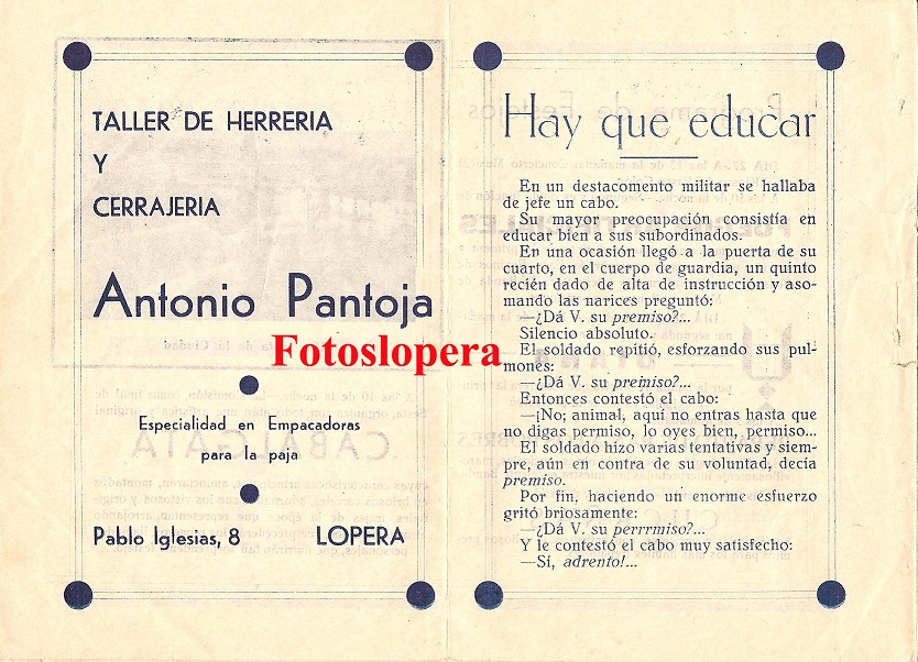 Anuncio publicitario de Taller de Herrería y Cerrajería de Antonio Pantoja en Lopera en el año 1934.