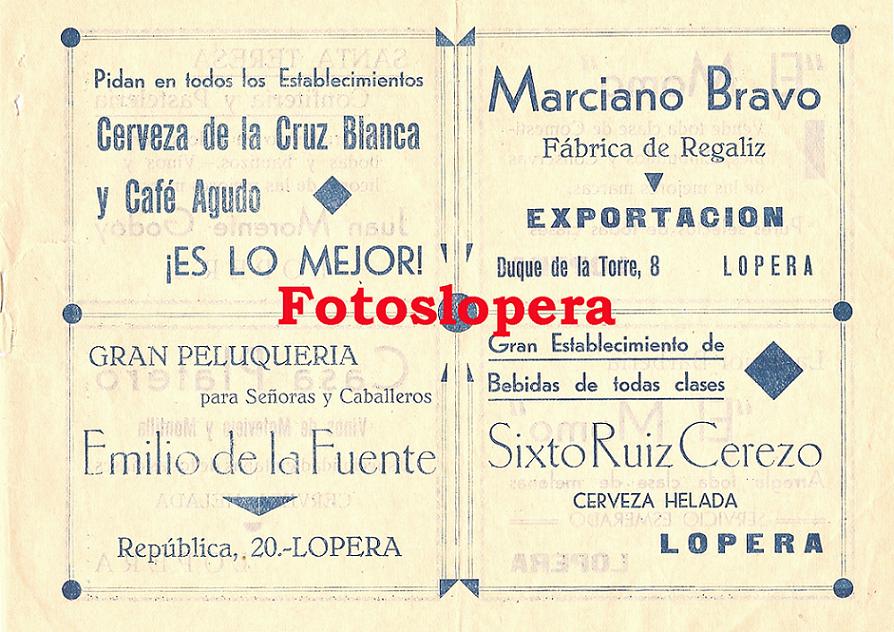 Anuncios publicitarios de los Comercios de Lopera en 1934.