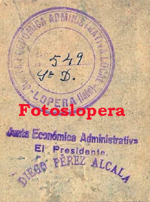 Reverso de los cartones de entre 0,10 y 50 pesetas emitidos por el Comité del Frente Popular de Lopera. Año 1936. Siendo Presidente de la Junta Económica Administrativa Local el Alcalde Diego Pérez Alcalá.