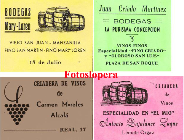 Publicidad de las Bodegas de Vinos de Lopera: Mary-Loren, Antonio Bujalance, Carmen Morales y La Purísima Concepción.