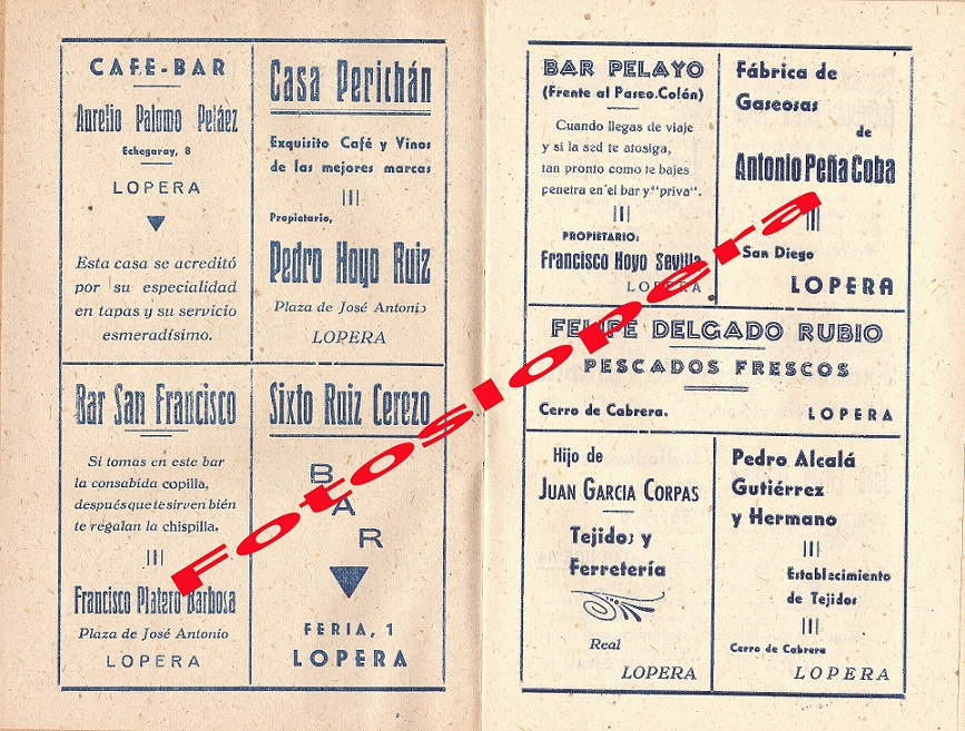 Anuncios publicitarios de algunos comercios de Lopera en el año 1943