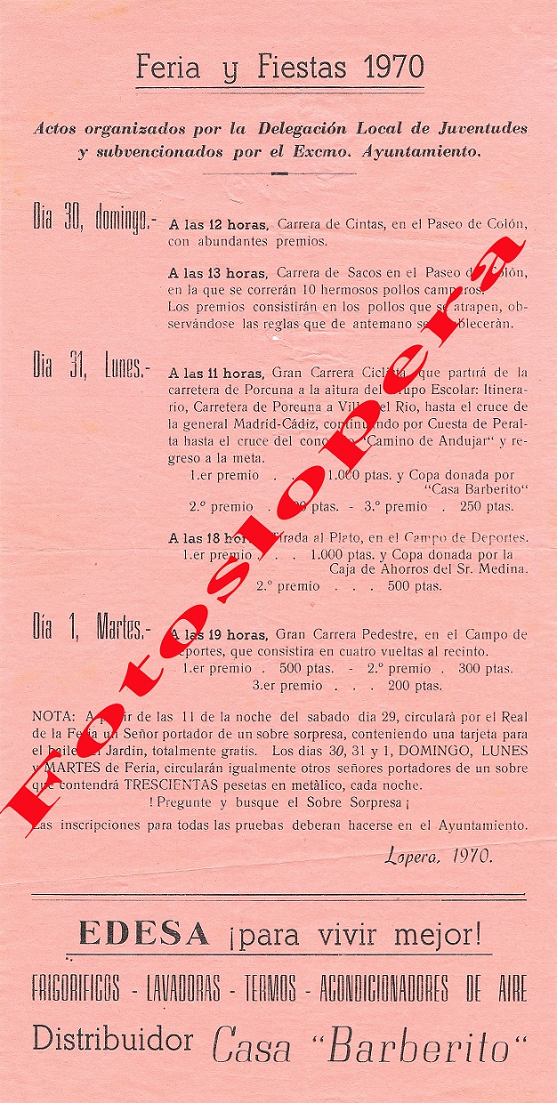 Programa de Actos con motivo de la Feria y Fiestas de los Cristos de Lopera de hace 45 años. Feria 1970