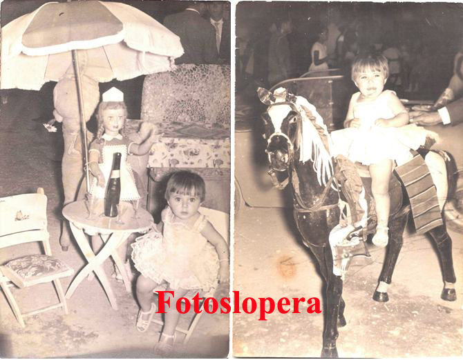 Estampa de la Feria de los Cristos de Lopera. La niña Tere Pastor Coca inmortalizada en un mini bar y a lomos de un caballo de cartón en 1961.