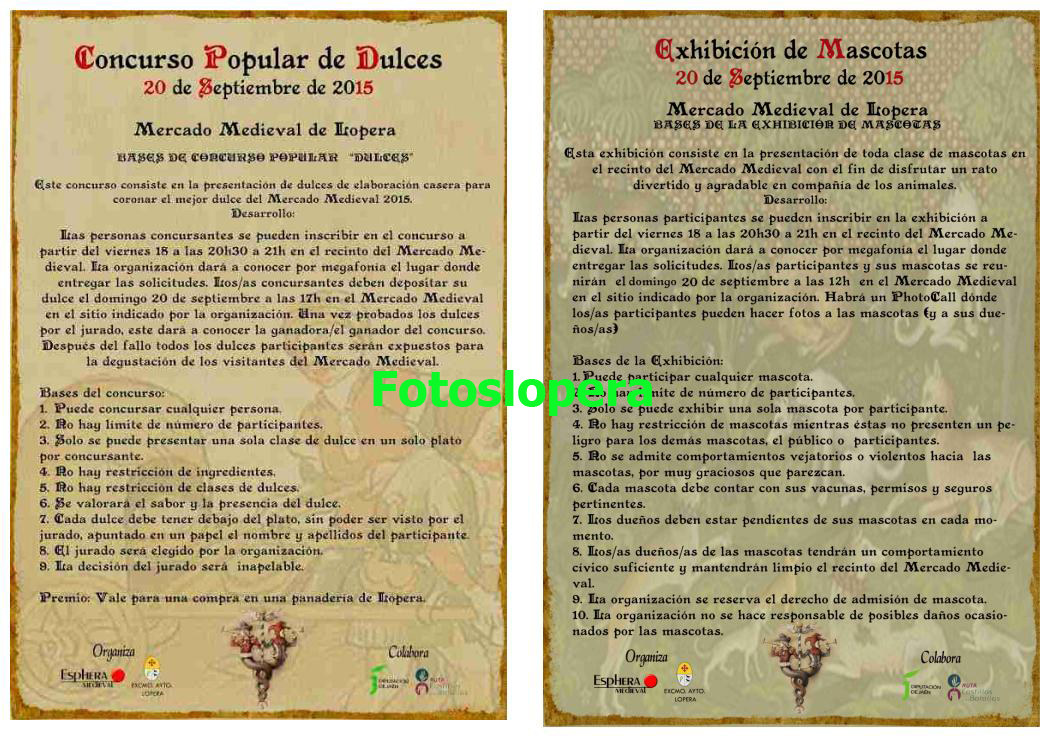 Bases de los Concursos Populares de Dulces y de Exhibición de Mascotas a celebrar el 20 de Septiembre en el Castillo de Lopera dentro del Mercado Medieval.