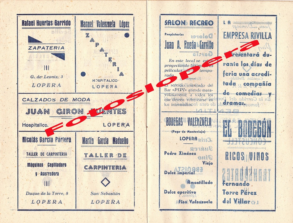 Anuncios publicitarios de algunos comercios y negocios de Lopera en el año 1943
