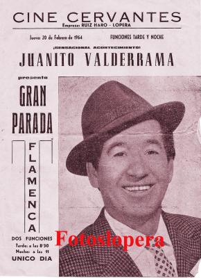 Programa de mano de la actuación de Juanito Valderrama en el Cine Cervantes de Lopera un 20 de Febrero de 1964
