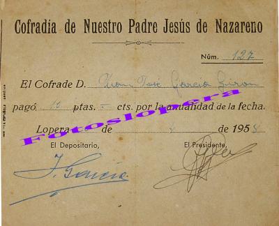 Recibo de 10 pesetas cuota del año 1958 de la Cofradía de Ntro. Padre Jesús Nazareno de Lopera. Cofrade Juan José García Girón.