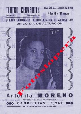 Programa de mano de la actuación de Antoñita Moreno con su espectáculo "Candilejas 1961"  en el Teatro Cervantes de Lopera un 20 de Febrero de 1961.