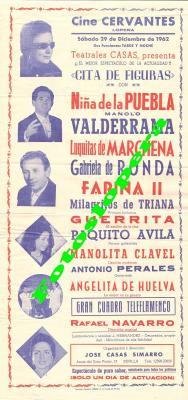Programa de mano del estreno en el Cine Cervantes (Empresa Ruiz Haro) de Lopera del espectáculo "Cita de Figuras" con La Niña la Puebla y otros un 29 de Diciembre de 1962