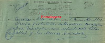 Telegrama recibido en el Ayuntamiento de Lopera el 27-1-1959 por el cual se prohibía en Lopera la actuación de la Compañía de Eva Mendoza y su espectáculo "Ella y Ellos y los demás"