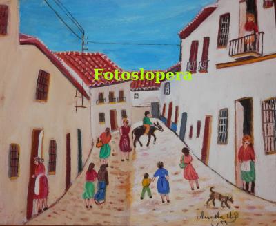Paseo vespertino por el pasado de las Calles y Plazas de Lopera. Hoy por calle Huerta o José López Quero de la mano de un cuadro naïf de nuestra entrañable artista nonagenaria (97 años) Ángela Uceda Díaz.