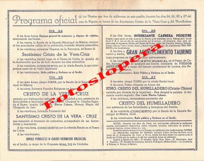 Programa Oficial de la Feria de los Cristos de hace 70 años. Lopera del 24 al 27 de Agosto de 1946. Alcalde Pablo Ruiz Haro y Alcalde de Festejos Antonio Rodríguez Muñoz-Cobo.
