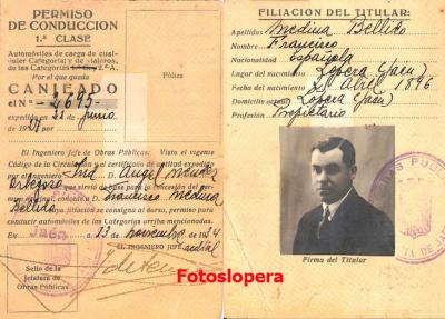 Permiso de Conducción de 1ª Clase concedido al loperano Francisco Medina Bellido en Jaén el 13 de Noviembre de 1934.