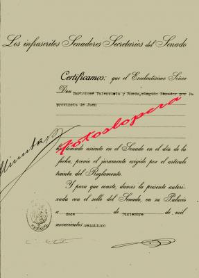 Certificado de la Toma de Asiento como Senador por la Provincia de Jaén de D. Bartolomé Valenzuela Rueda el día 12 de Diciembre de 1921.
