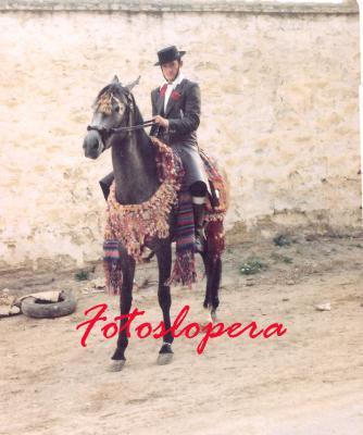 El loperano Francisco Huertas Monje a lomos de su yegua Yovanca. Romería de San Isidro Año 1977