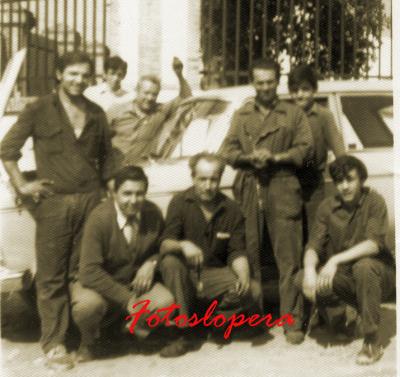 Taller Mecánico Merino Año 1973. Diego Merino, Benito García, Germán García, Antonio Calixto, Jerónimo Morales, Antonio Valenzuela, Juan Merino y Alfonso Morales.