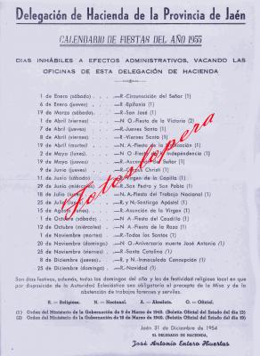 Calendario de Fiestas en Jaén en el año 1955.