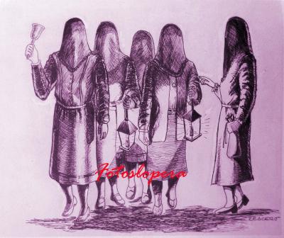 La Cofradía de las Ánimas del Purgatorio fundada en Lopera en el año 1594. Dibujo de un grupo de mujeres de Lopera pidiendo la limosna de ánimas. Años 20. Dibujo de Antonio Ceacero