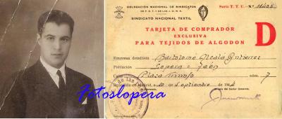 Tarjeta de Comprador Exclusiva para Tejidos de Algodón expedida por el Sindicato Nacional Textil en Madrid el 10 de Septiembre de 1944 al comerciante loperano Bartolomé Alcalá Gutiérrez (Los Cerezos).